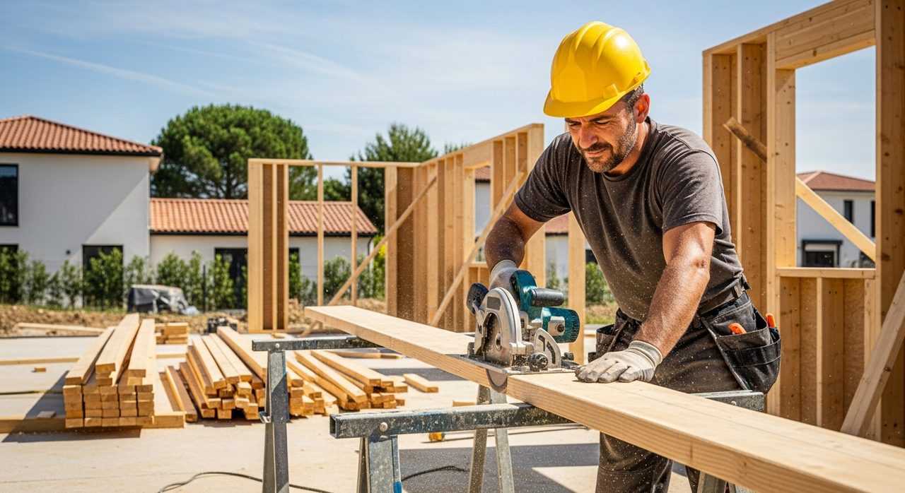 Artisan construisant une maison en bois