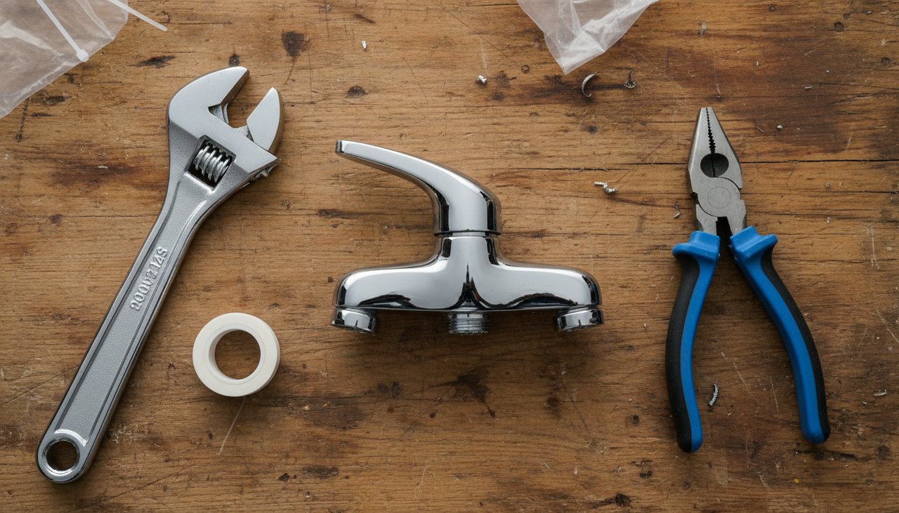 Outils de plomberie sur un plan de travail : cle a molette, teflon, mitigeur neuf