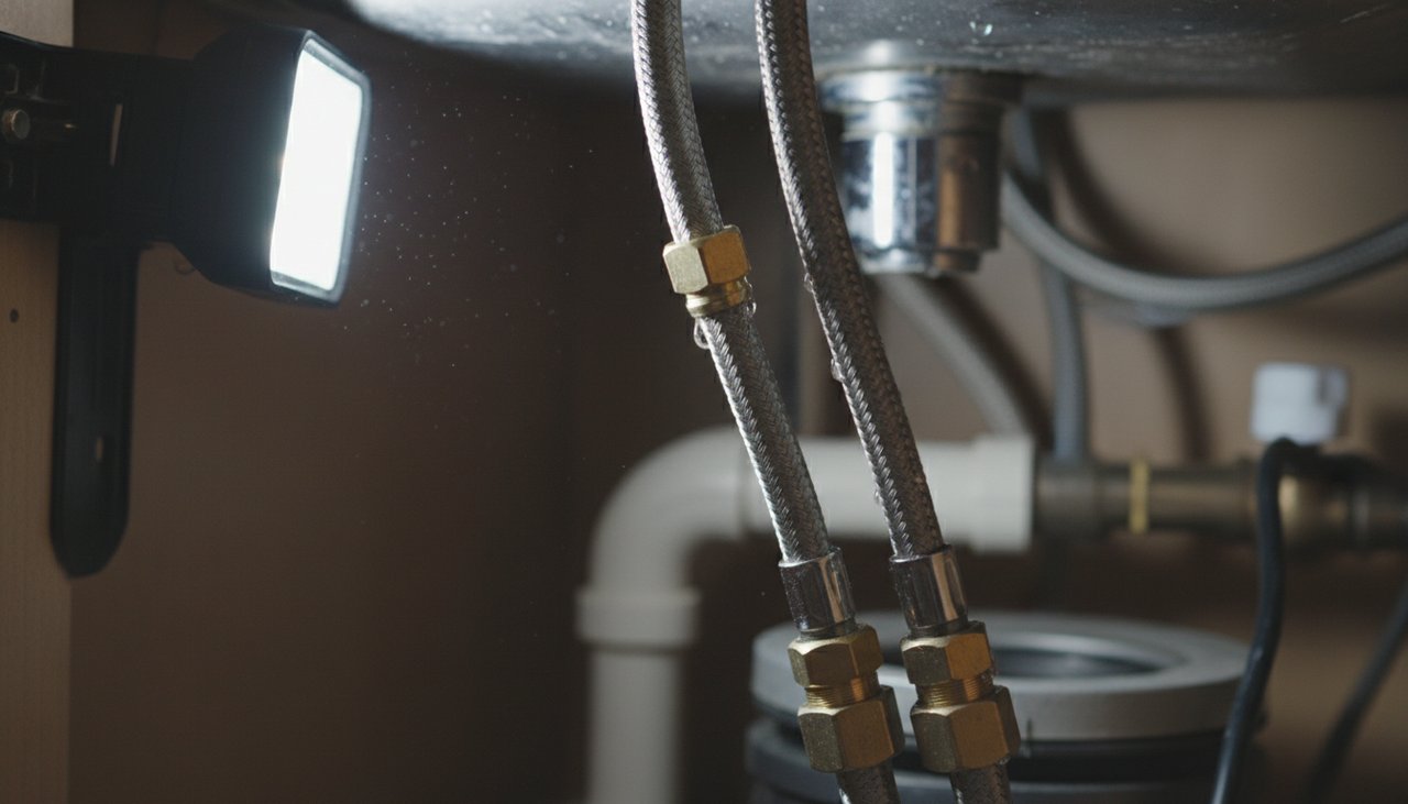 Vue detaillee des flexibles connectes a un mitigeur cuisine sous evier