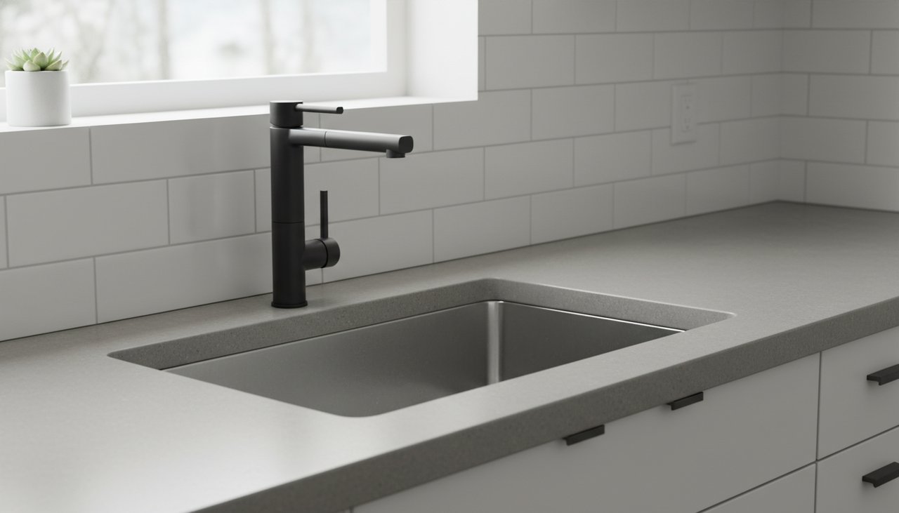 Robinet de cuisine moderne installe sur un evier inox