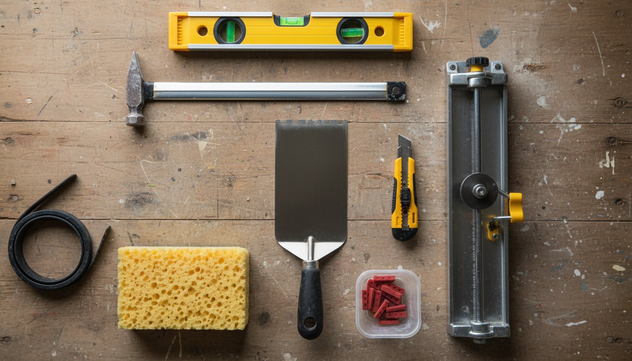 Outils nécessaires pour poser du carrelage mural alignés sur un plan de travail