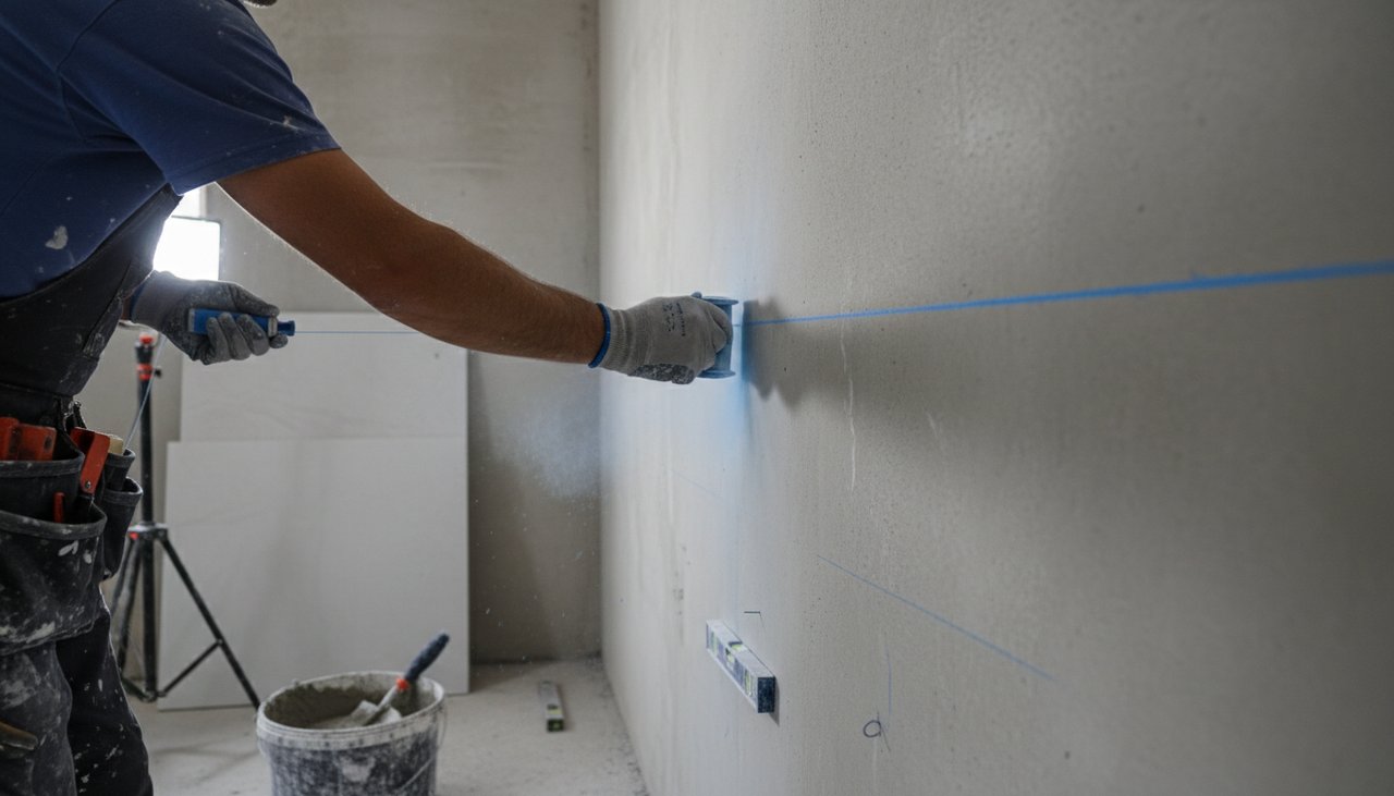 Carreleur traçant des repères horizontaux au cordeau sur un mur avant pose du carrelage
