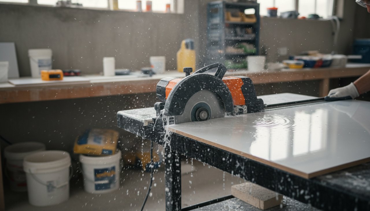 Découpe de carrelage avec un coupe-carreaux électrique professionnel à eau