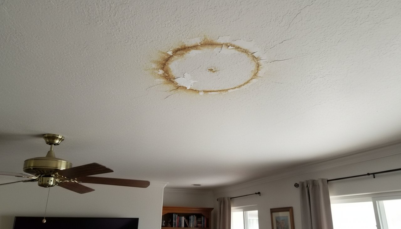 Tache d'humidite et auriole sur plafond peint blanc consequence d'une fuite