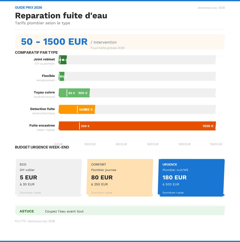 Infographie : prix moyens reparation fuite d'eau 2026