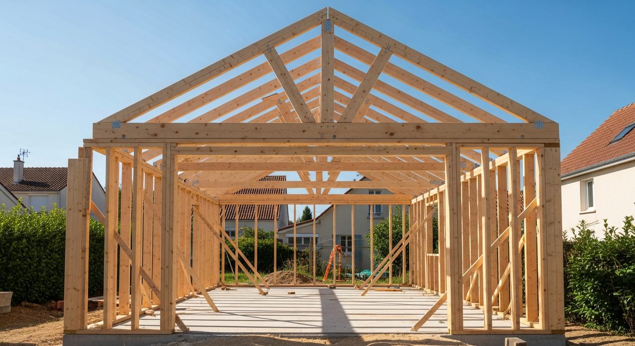 Construction garage ossature bois en chantier