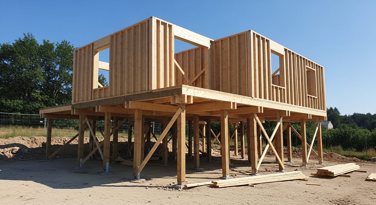 Construction maison bois sur pilotis chantier