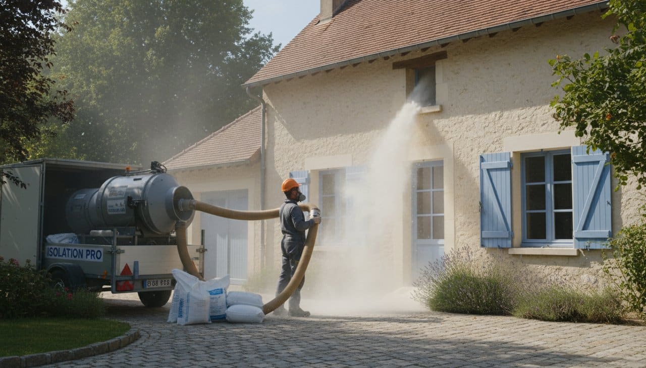 Soufflage de laine de verre dans des combles perdus par un artisan RGE