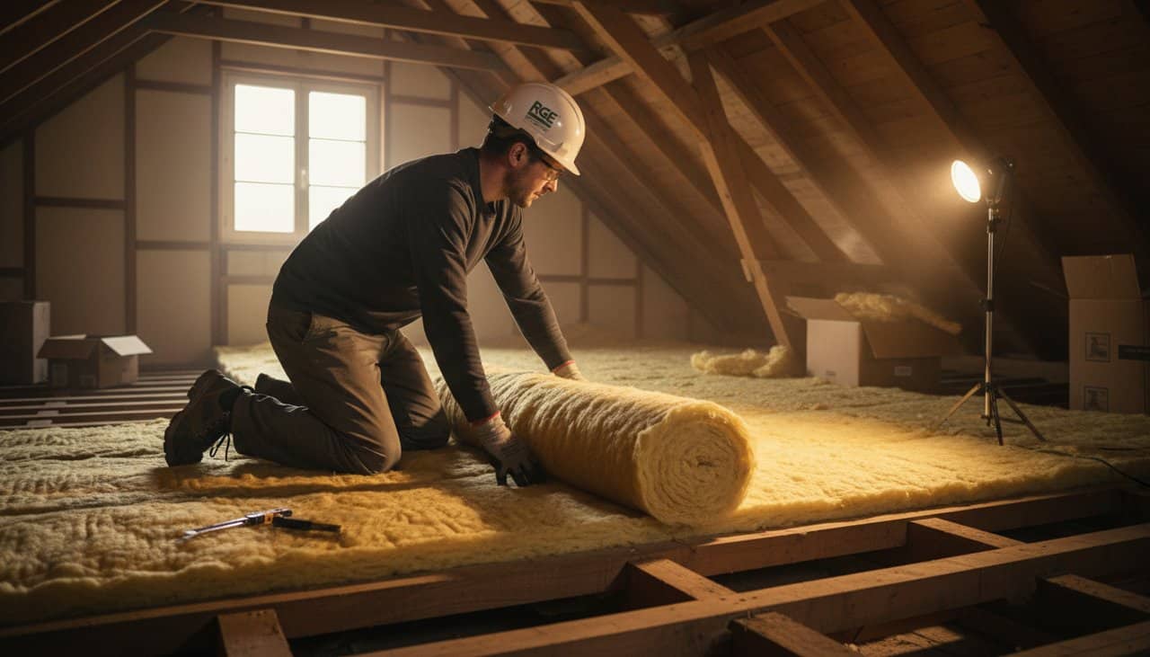 Devis isolation combles en ligne avec artisan installant laine de verre