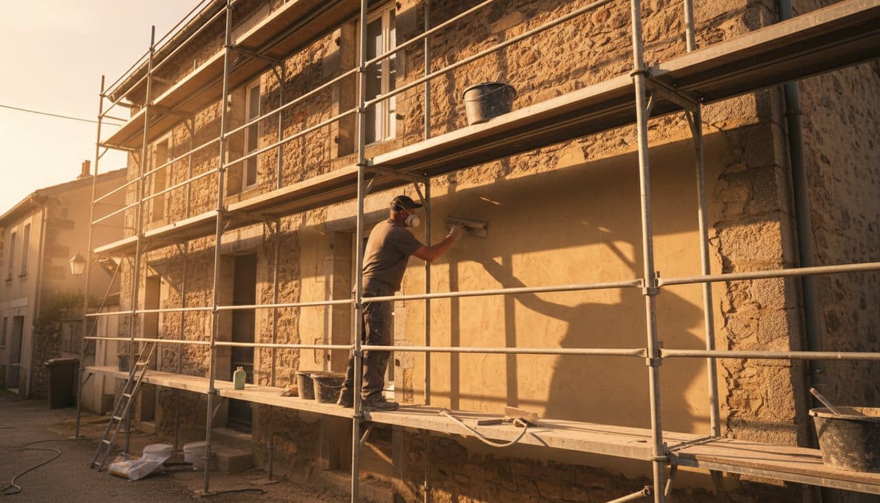 Artisan applique enduit façade sur mur de maison française
