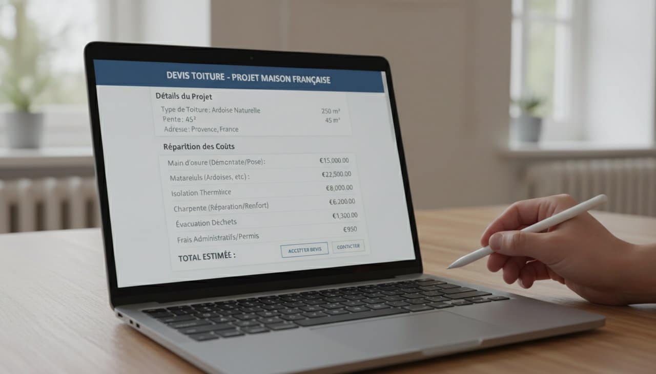Formulaire de devis toiture en ligne sur ordinateur portable avec dimensions de la maison