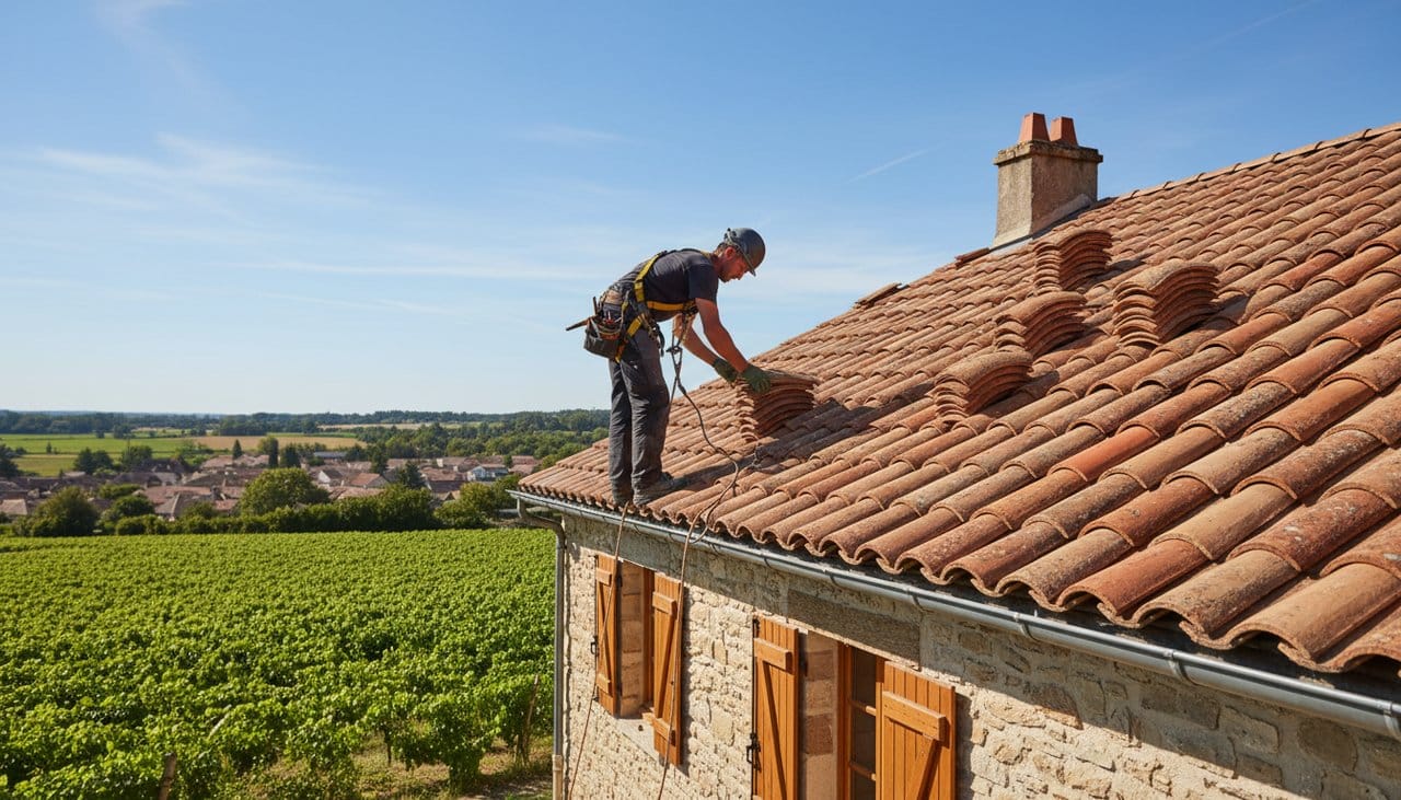 Couvreur professionnel posant des tuiles en terre cuite sur une charpente en bois neuve