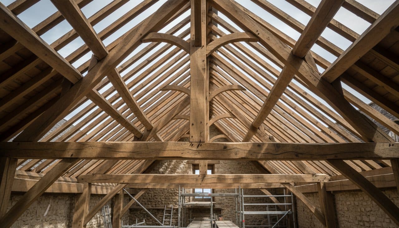 Charpente traditionnelle en bois avec fermes apparentes et chevrons avant pose de la couverture