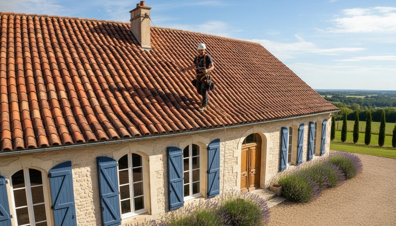 Couvreur sur toit en train d'inspecter une toiture en tuiles pour établir un devis