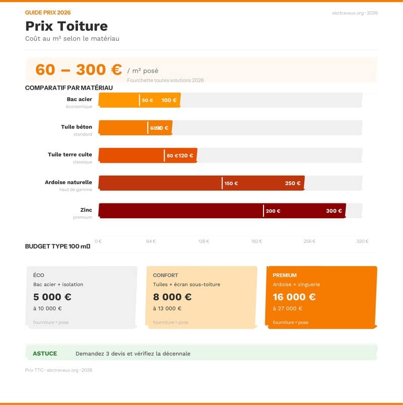 Infographie comparant les prix au m² des différents matériaux de toiture en 2026