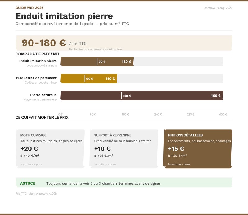 Infographie : comparatif des prix au m² entre enduit imitation pierre, plaquettes de parement et pierre naturelle