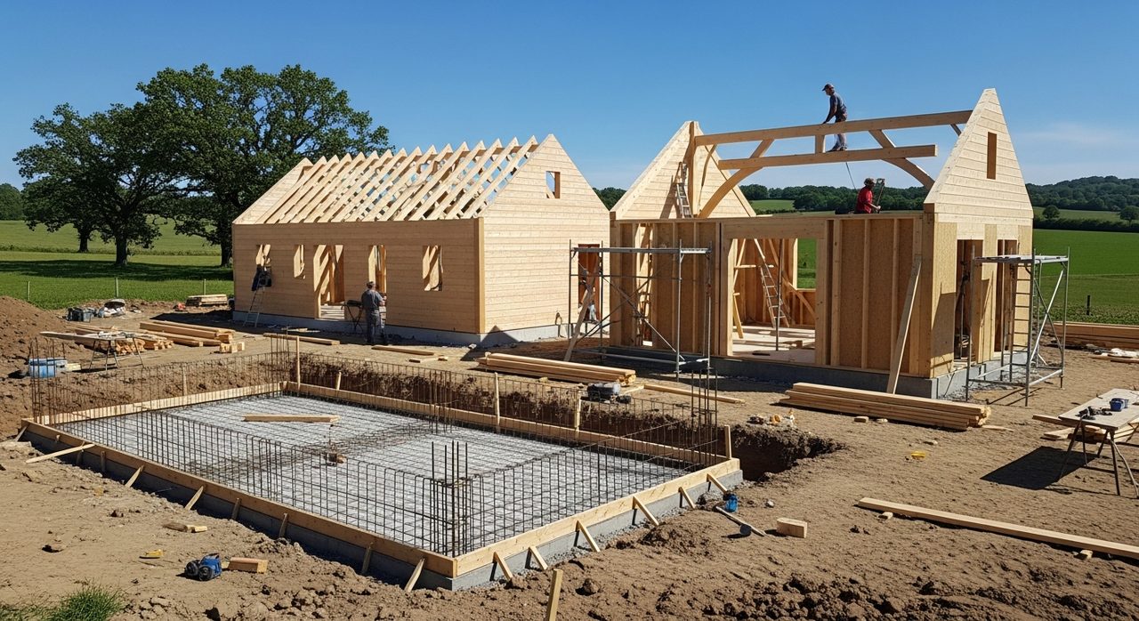 Étapes de construction d'une maison bois sur chantier