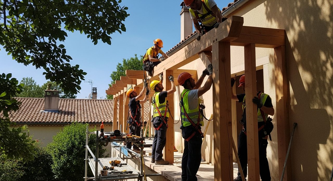 Équipe de constructeurs assemblant l'ossature bois d'une extension de maison