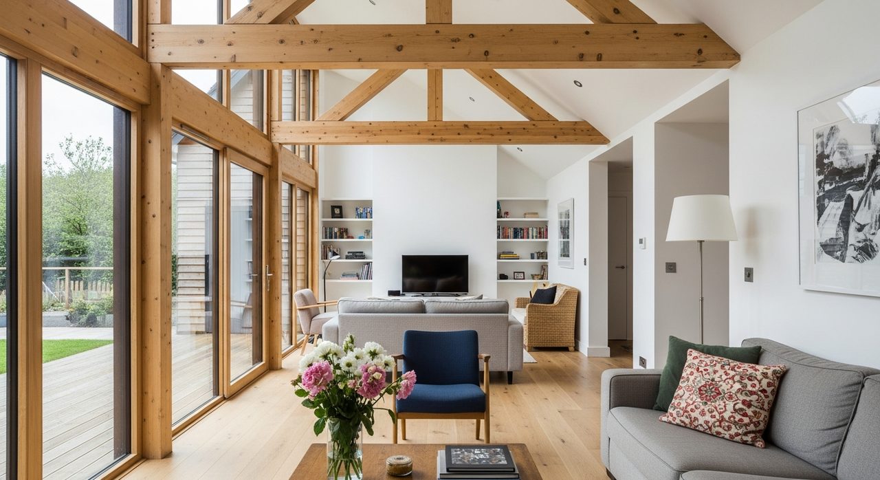 Intérieur lumineux d'une extension bois moderne avec grandes baies vitrées