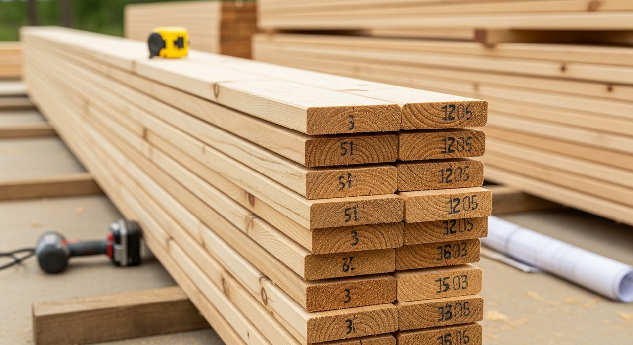 Panneaux préfabriqués en bois empilés sur chantier d'extension