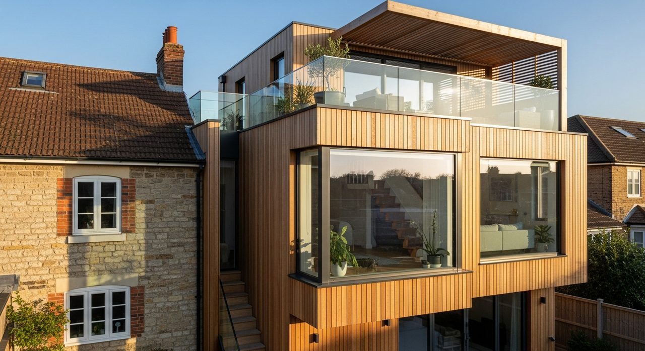 Extension bois moderne avec grandes baies vitrées intégrée à une maison existante