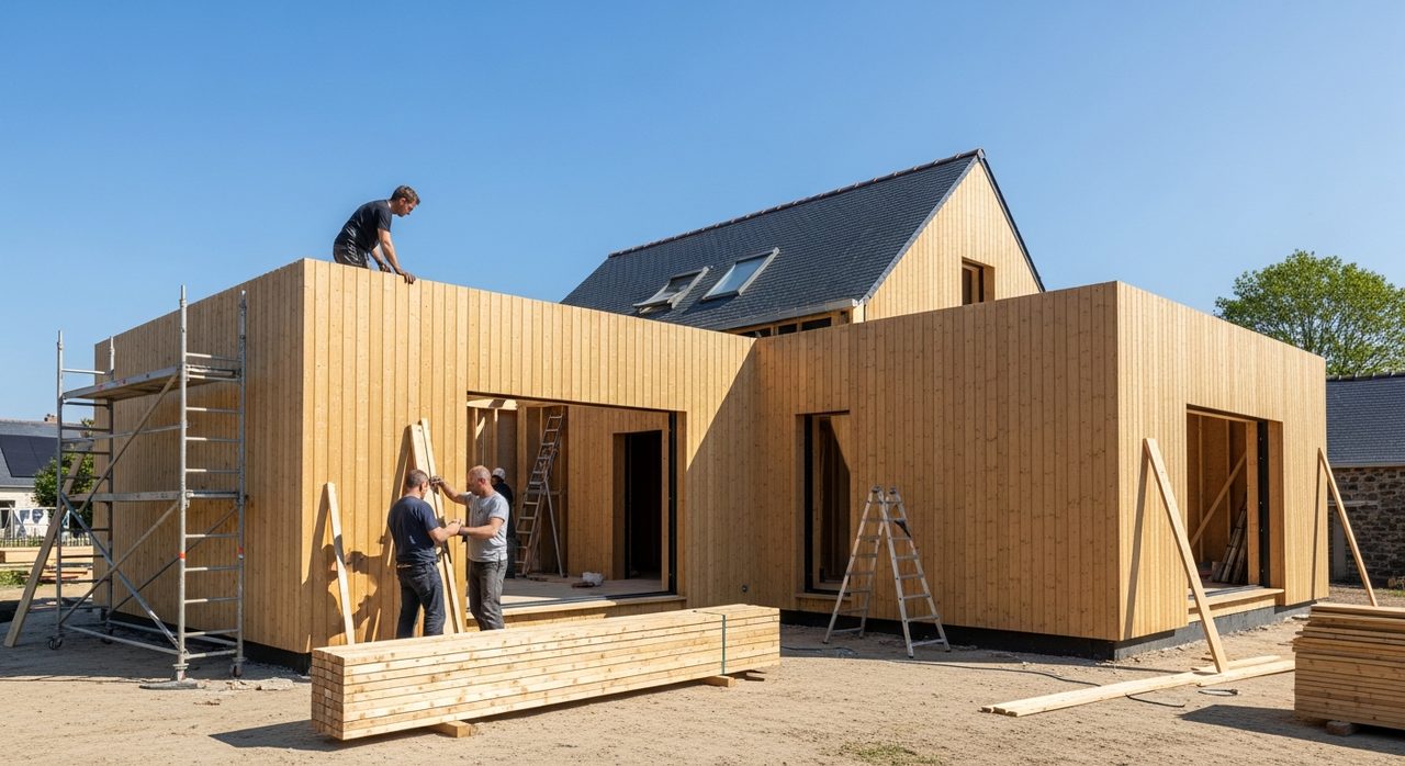 Extension maison bois en kit en cours de montage 2026
