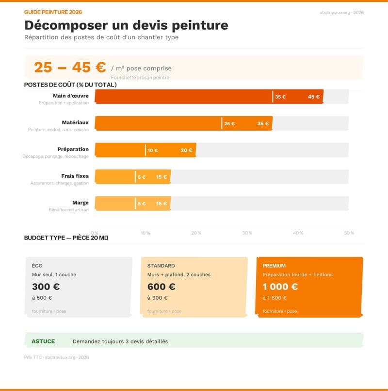 Infographie : répartition des postes d'un devis peinture (main d'œuvre, matériaux, préparation, marge)