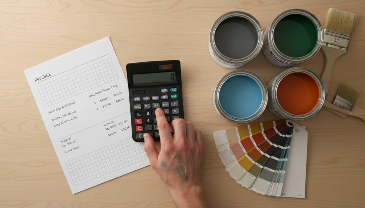 Calcul des postes d'un devis peinture avec calculatrice et échantillons