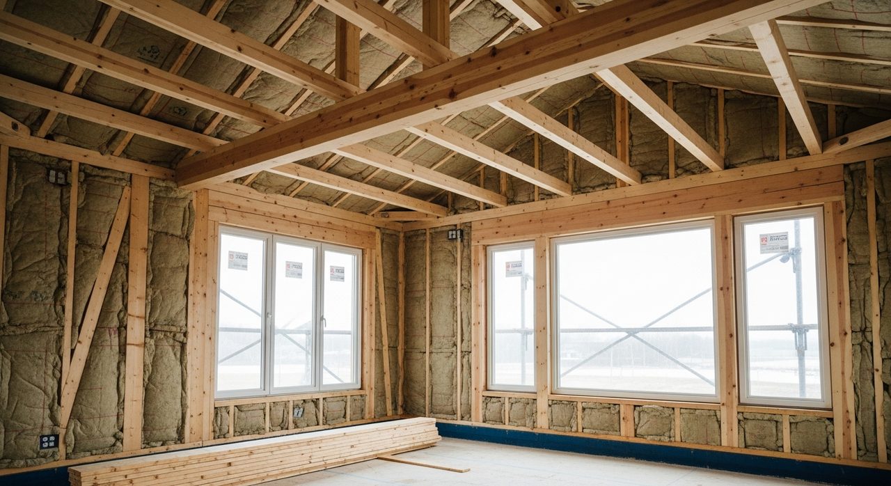 Intérieur d'une maison bois en construction avec poutres apparentes