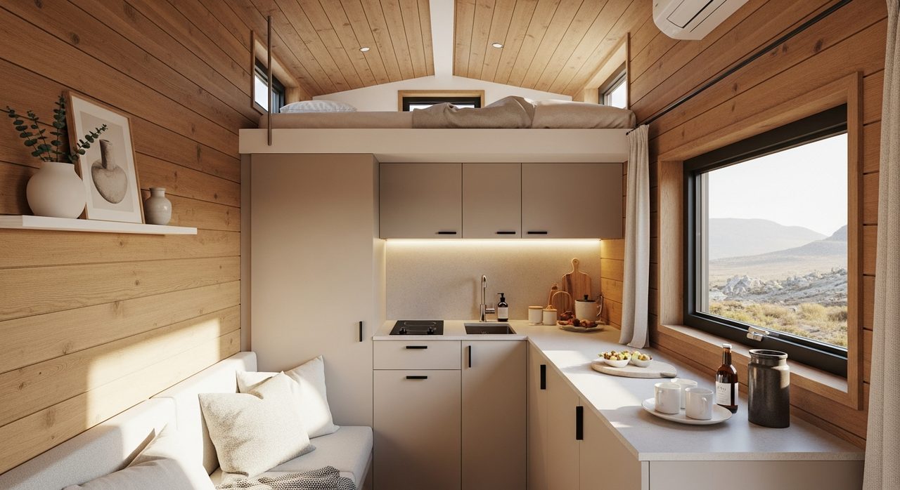 Intérieur cosy d'une tiny house en bois
