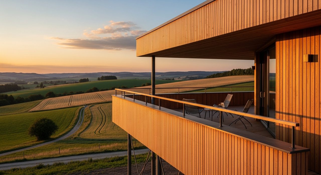 Terrasse maison bois pilotis avec vue panoramique