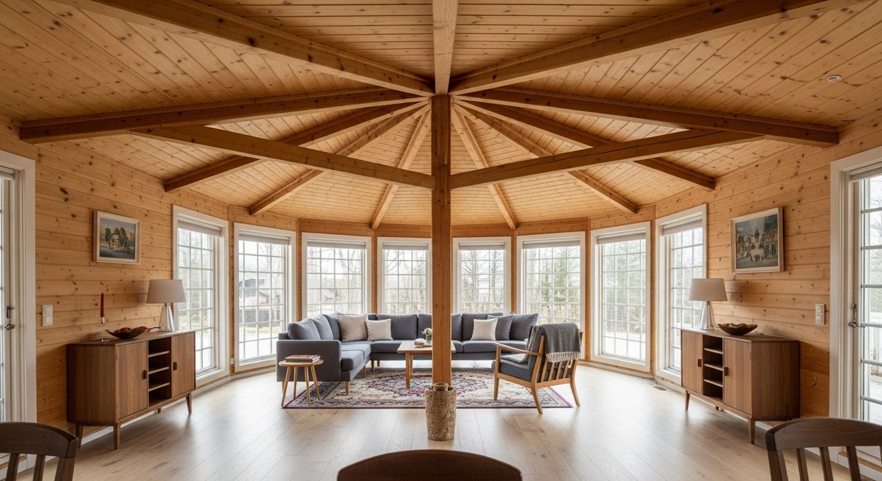 Intérieur d'une maison octogonale en bois