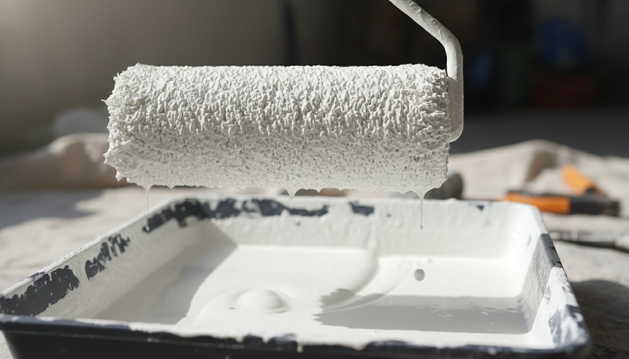 Gros plan sur un rouleau microfibre fraichement charge en peinture mate blanche pret a etre applique