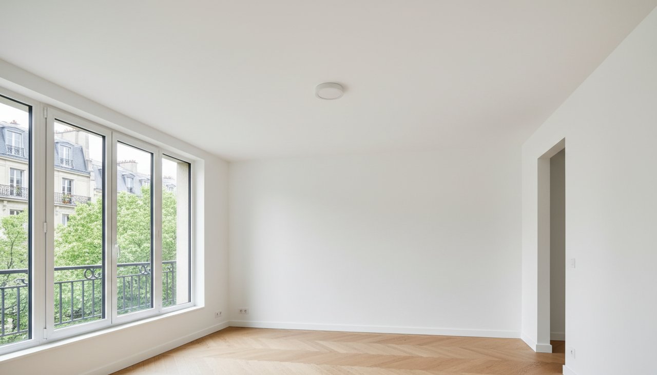 Plafond fraichement peint en blanc parfaitement uniforme dans un salon contemporain avec lumiere naturelle