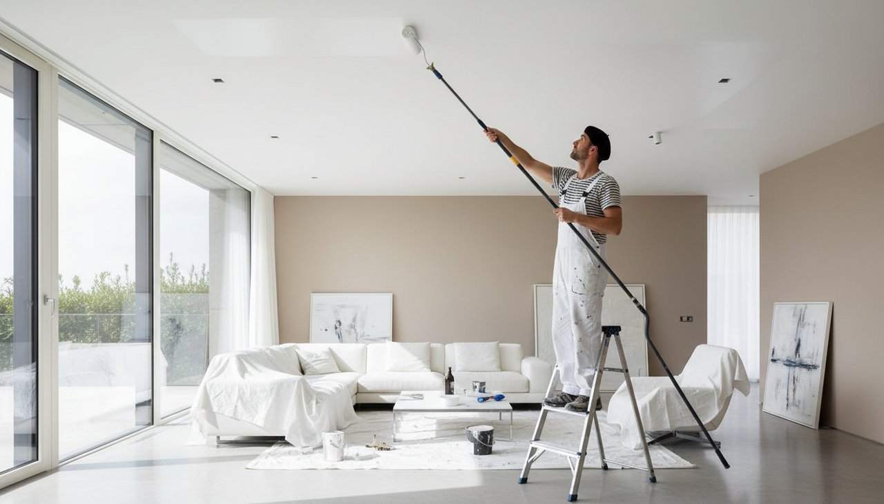 Artisan peintre repeignant un plafond blanc avec un rouleau telescopique dans une piece lumineuse