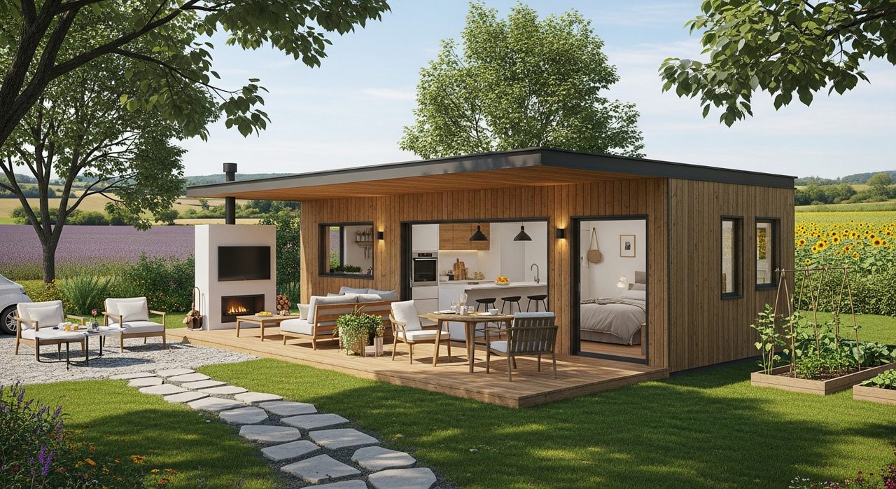 Petite maison bois 30m² installée dans un jardin