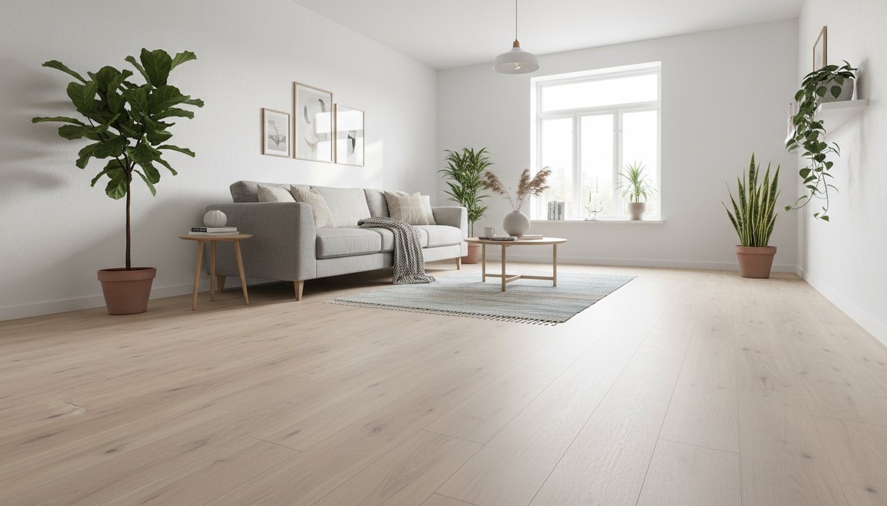 Plan large d un parquet flottant clair fraichement pose dans un salon avec finitions plinthes