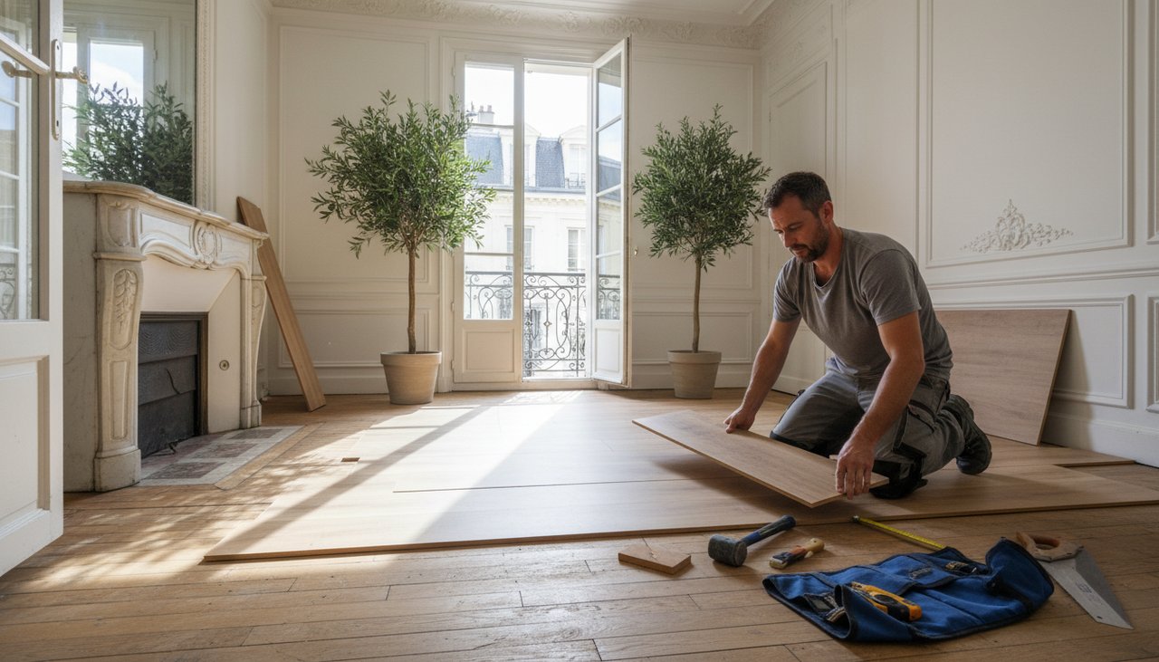 Bricoleur posant des lames de parquet flottant clipsables dans un salon lumineux