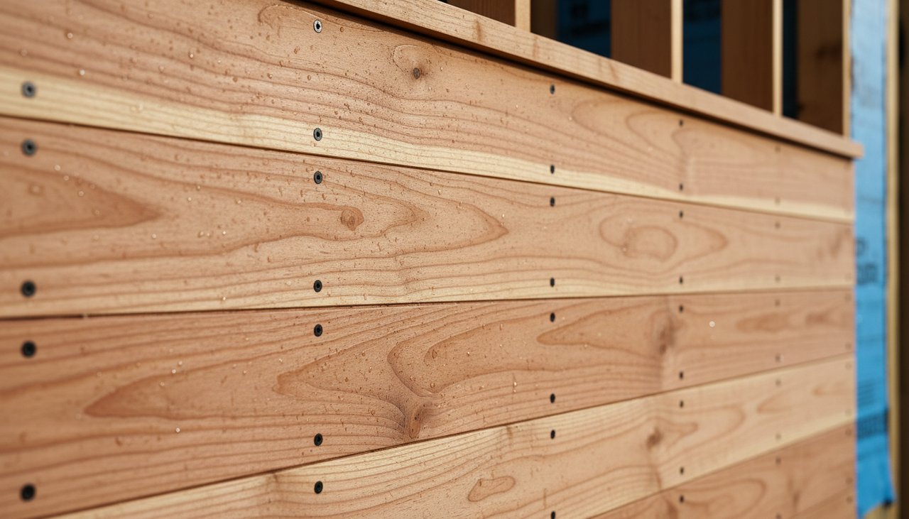 Lames de bardage bois douglas posées horizontalement sur une maison neuve