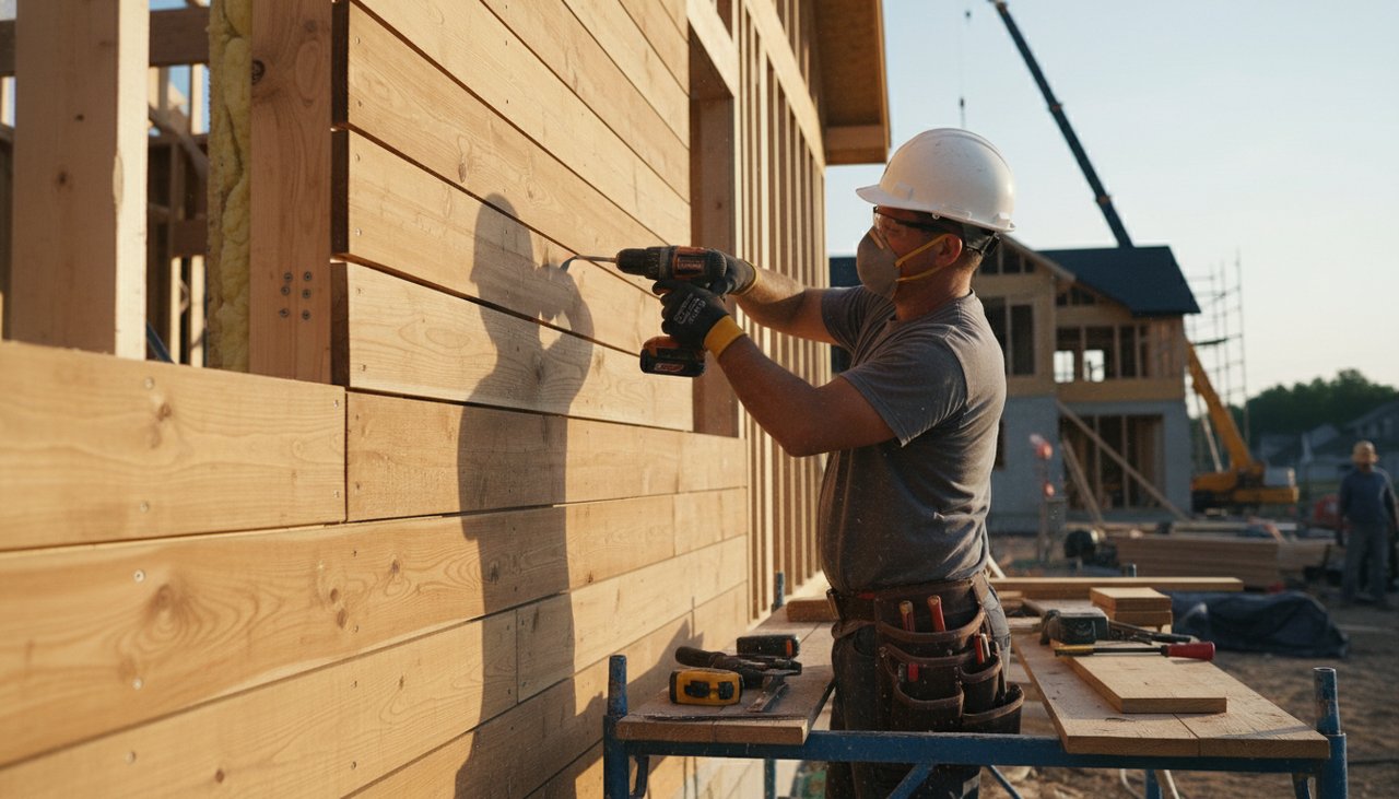 Artisan posant des lames de bardage bois sur une ossature en tasseaux