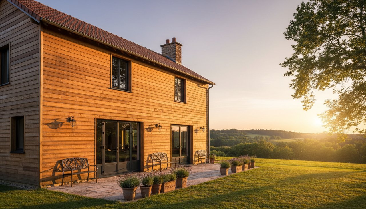Façade de maison habillée d'un bardage bois naturel en mélèze