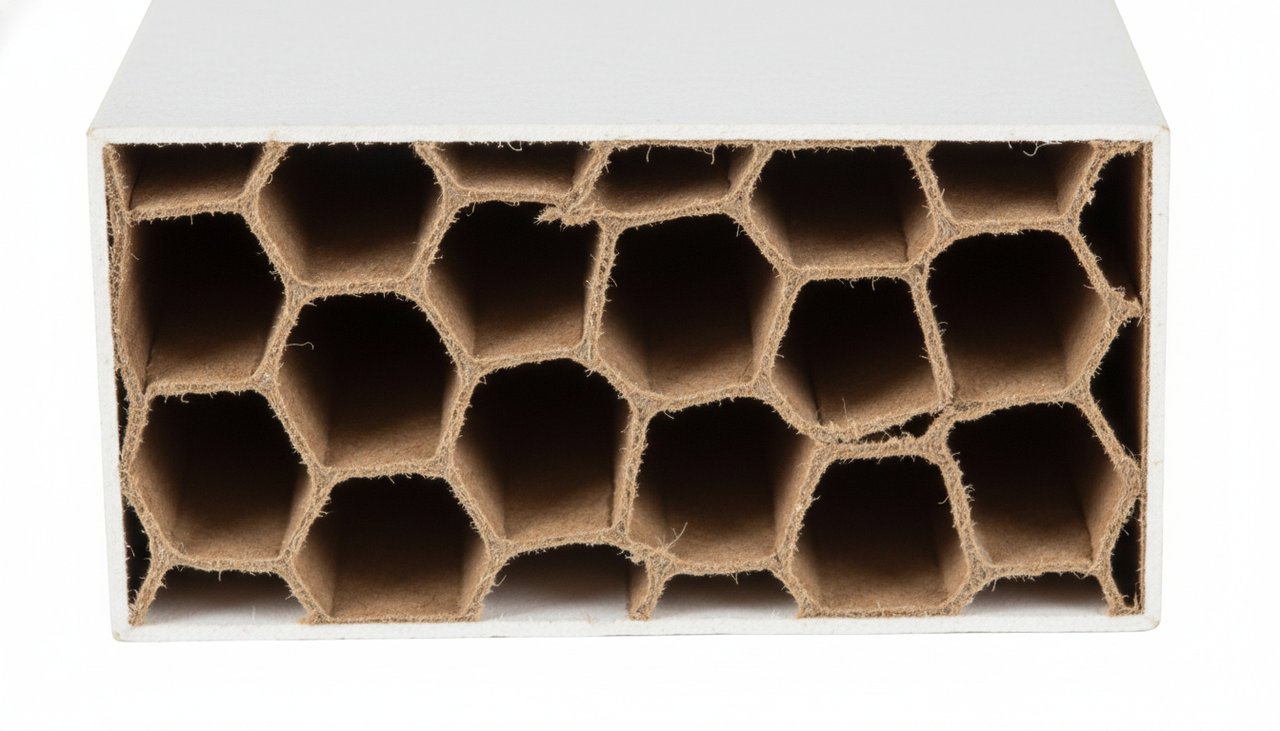 Zoom sur la structure en nid d'abeille d'une cloison alvéolaire en carton