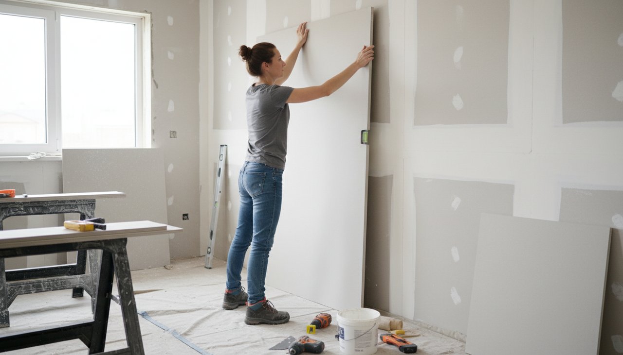 Particulier en train de poser une plaque alvéolaire contre un mur en bricolage