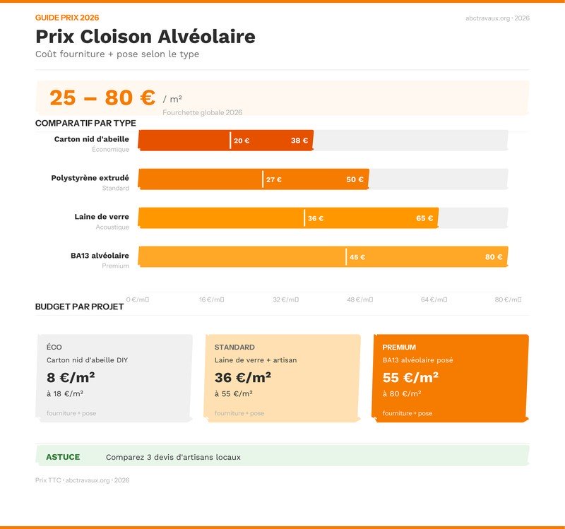 Infographie comparatif prix cloison alvéolaire par type 2026