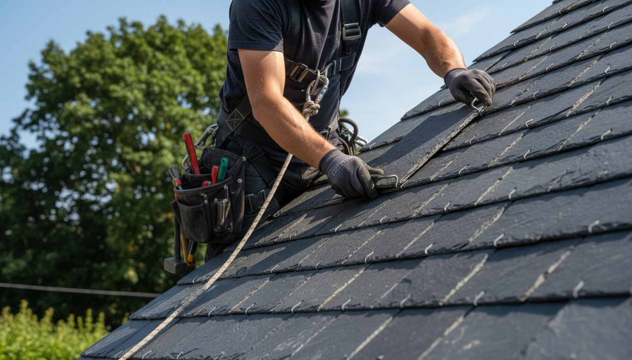 Couvreur posant des ardoises naturelles au crochet sur un toit en pente
