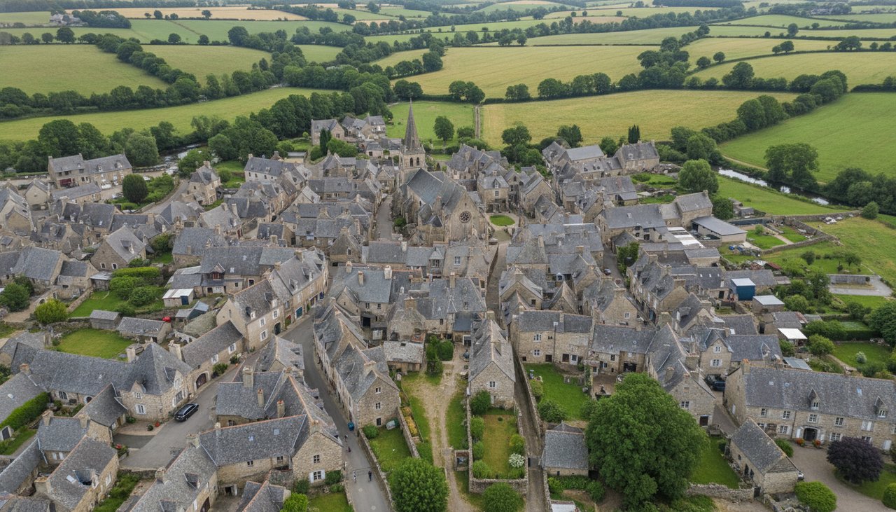 Vue aérienne de toitures en ardoise dans un village breton