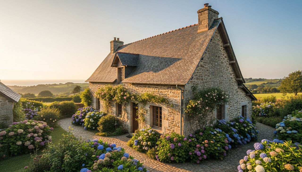 Toiture en ardoise naturelle sur une maison bretonne traditionnelle