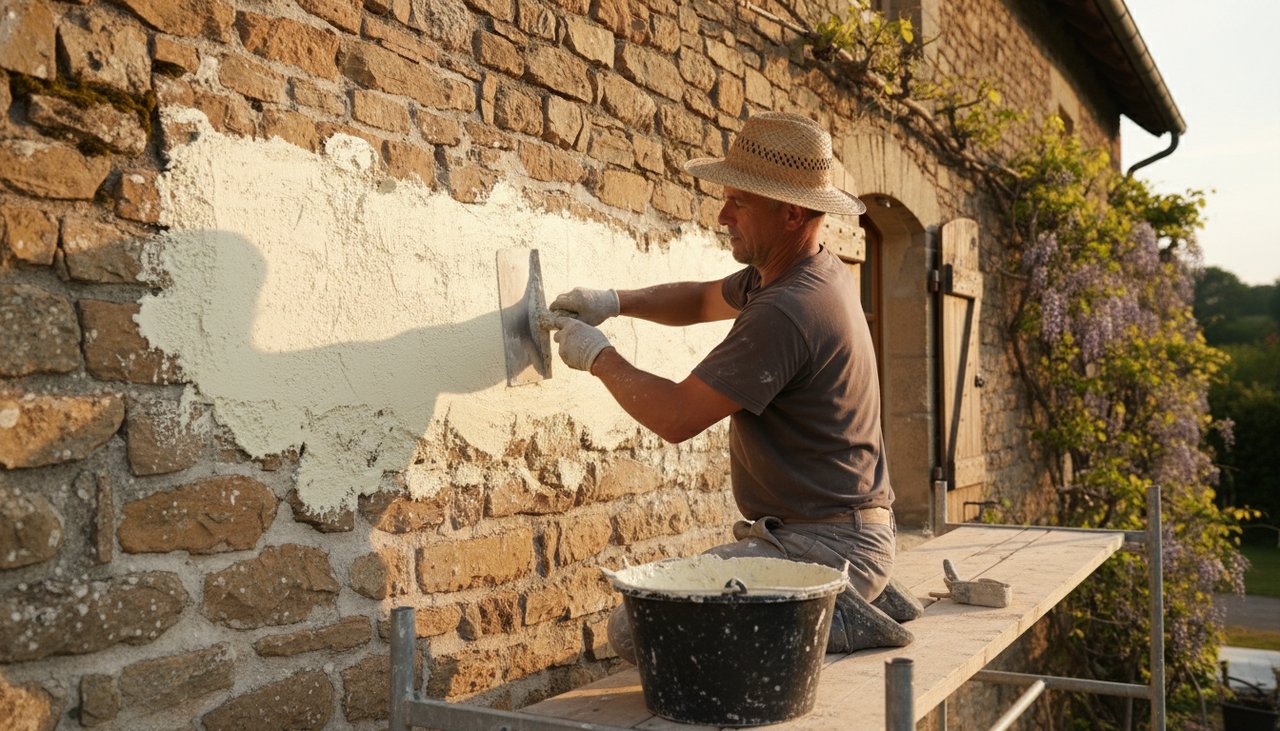 Application manuelle d'un crépis à la chaux sur façade en pierre ancienne