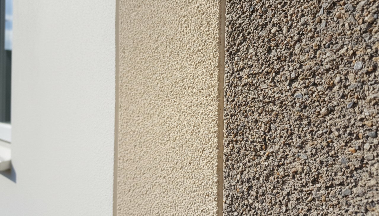 Projection mécanique d'enduit crépi sur une façade de pavillon, technicien avec machine à projeter