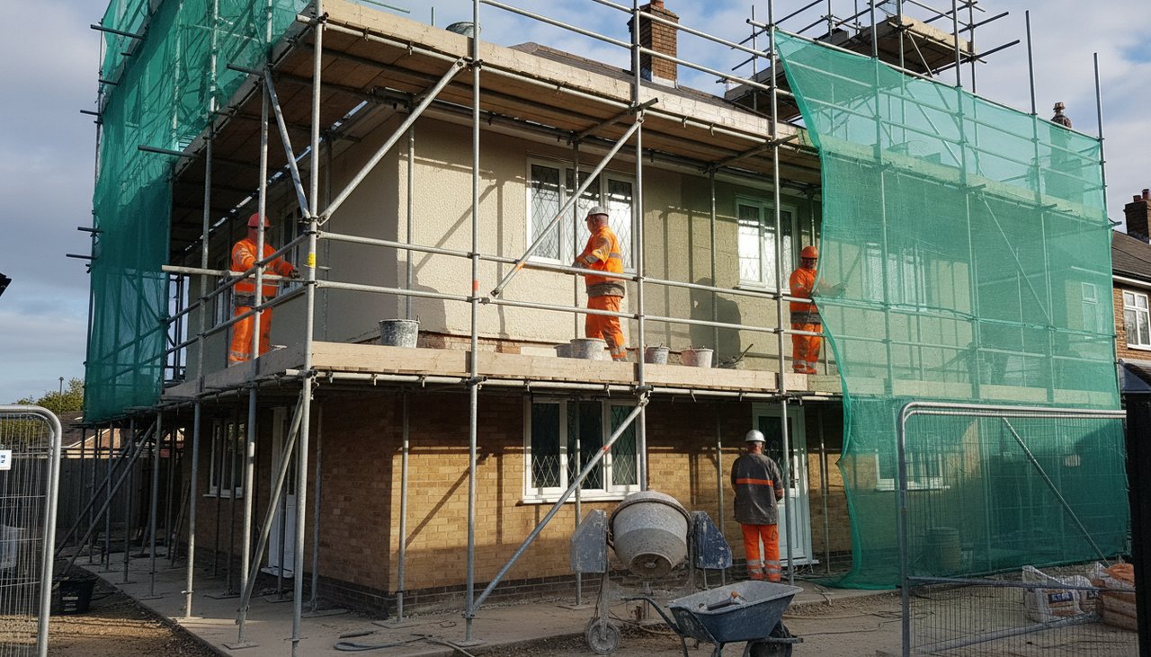 Mise en place d'échafaudage pour crépissage de façade d'une maison individuelle